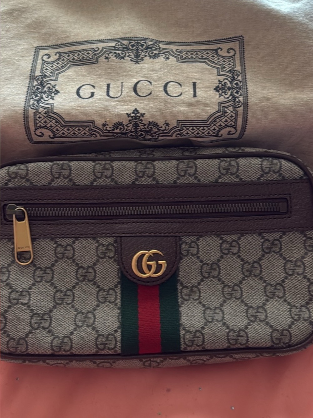 Gucci Beige GG Supreme Crossbody with Green-Red Web